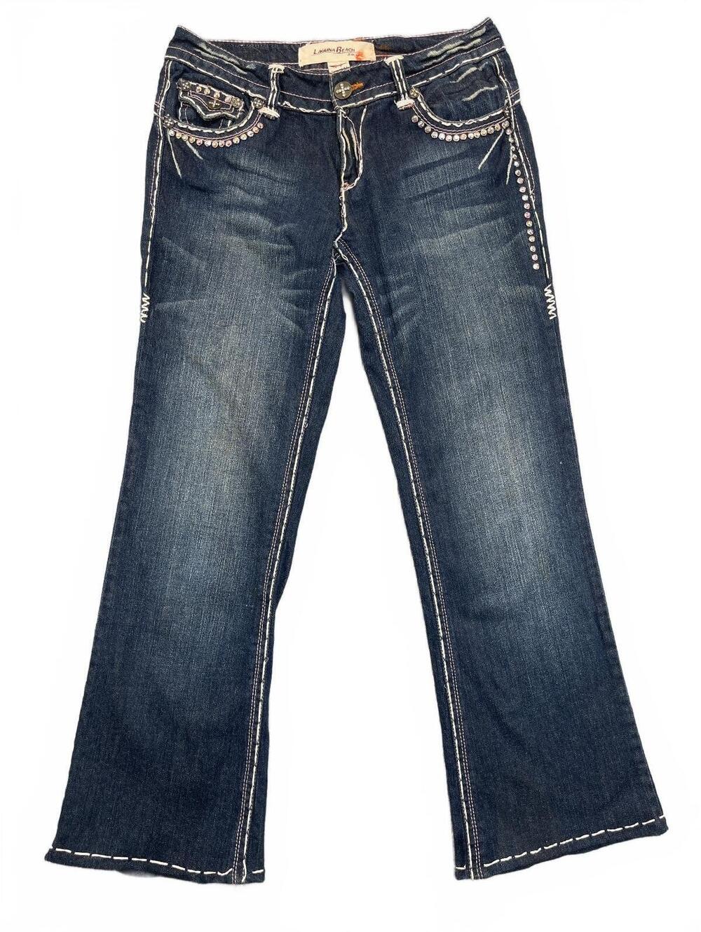 Y2K Vintage Laguna Beach Blue Womens Dark Wash Bootcut Jeans Thick Stitch